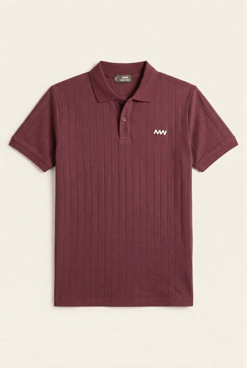 Maroon ribbed men's polo shirt with white logo, premium fit for modern style