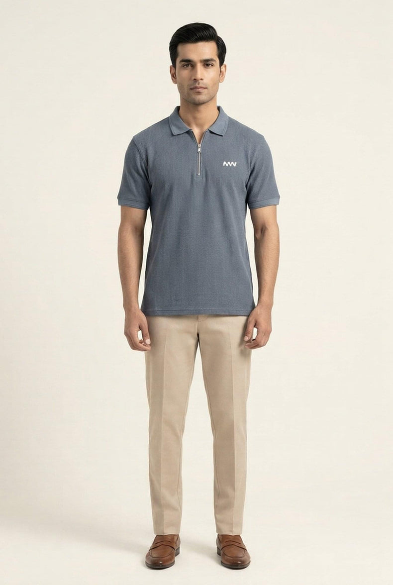 Man wearing MENWEY greyish blue cotton thermal zip polo