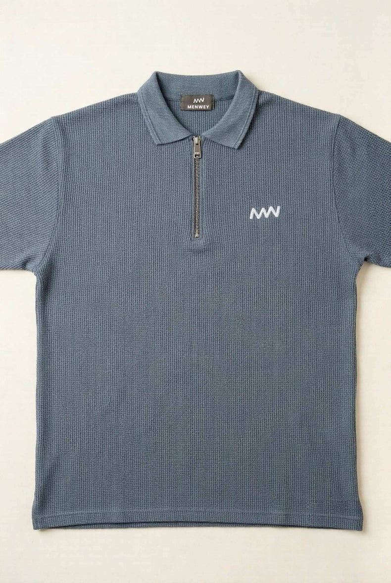 Men's gray waffle knit polo shirt with half-zip and logo, premium men's clothing