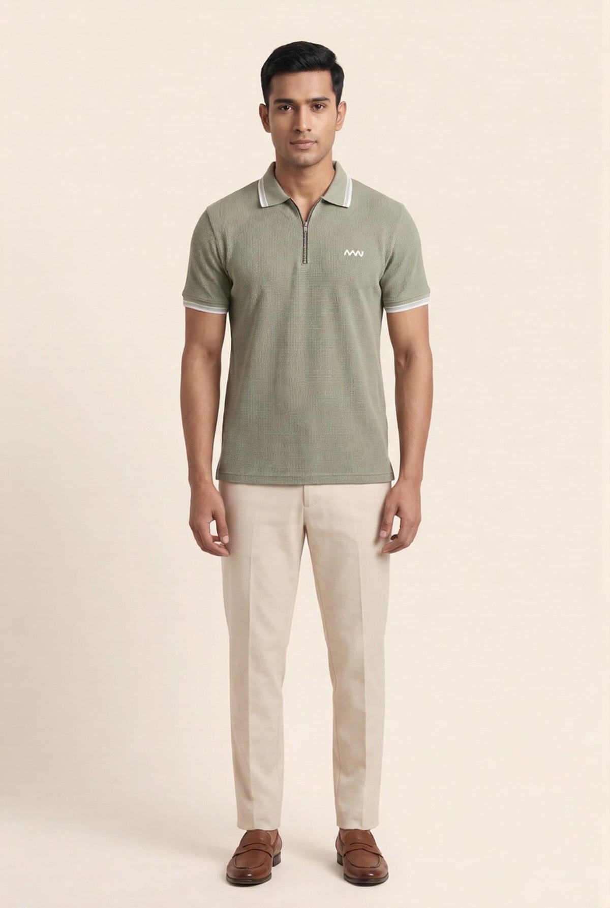 Man wearing MENWEY sage green cotton thermal zip polo