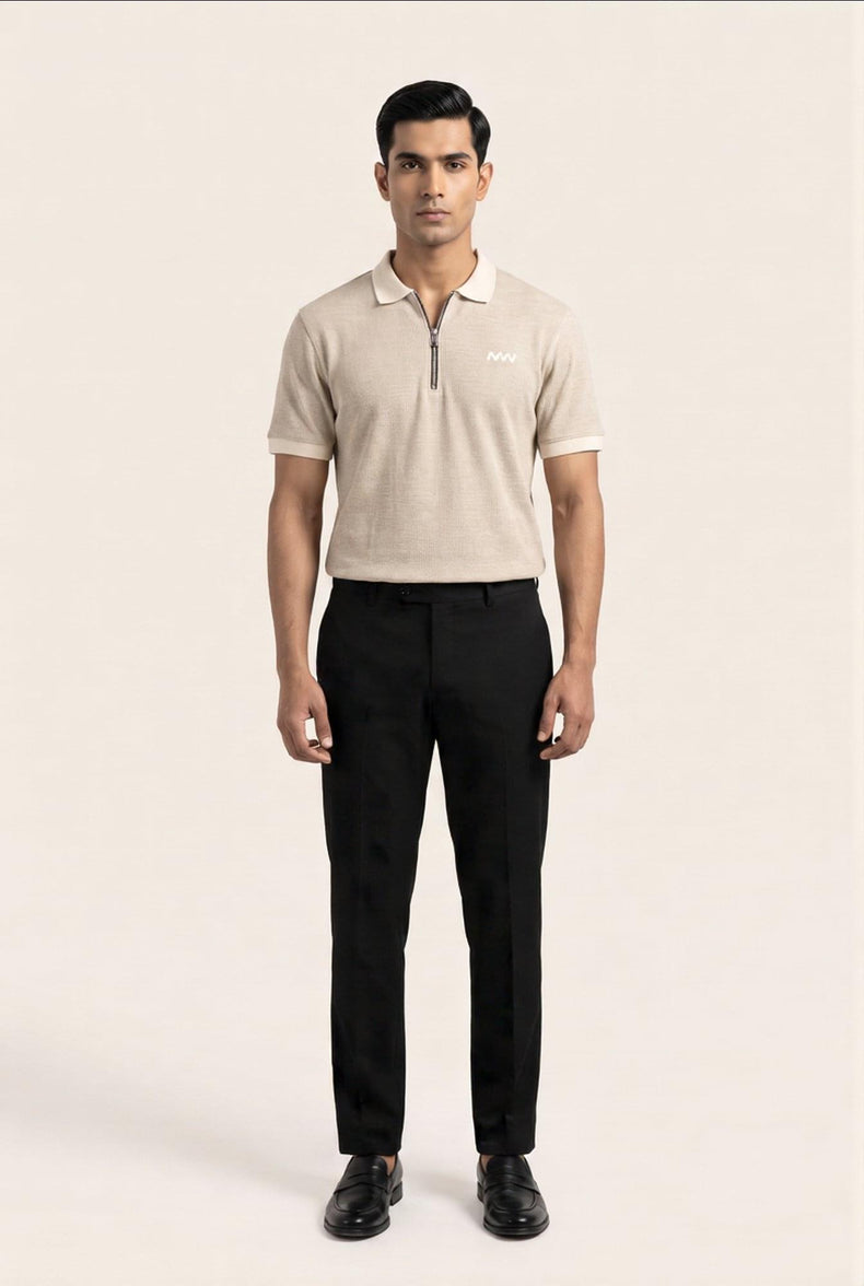Man wearing MENWEY sand cotton thermal zip-front polo