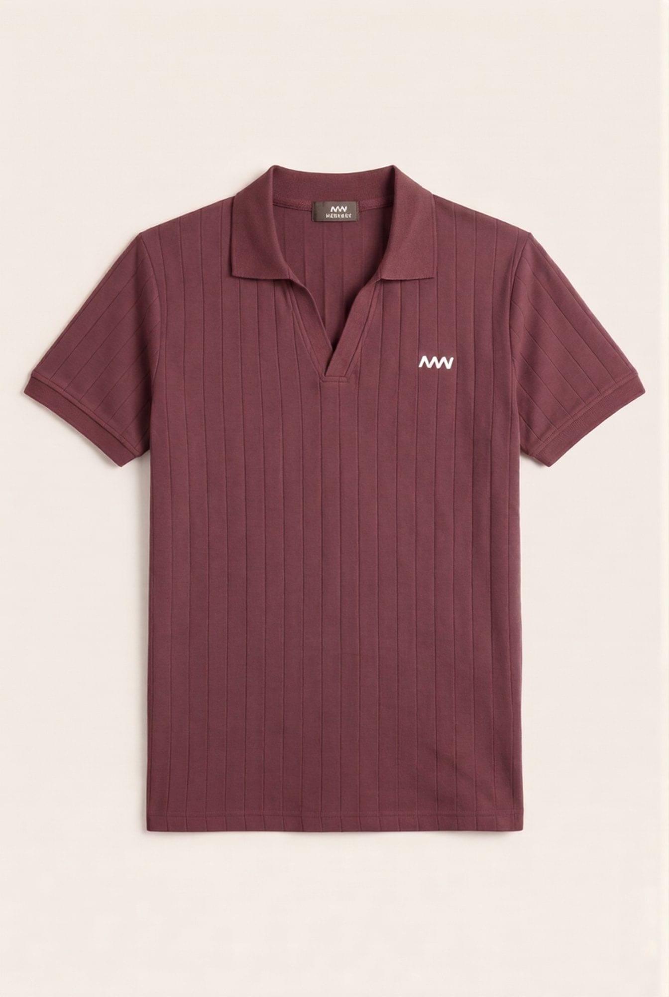 Men's burgundy ribbed polo shirt with white logo, premium fit for modern style