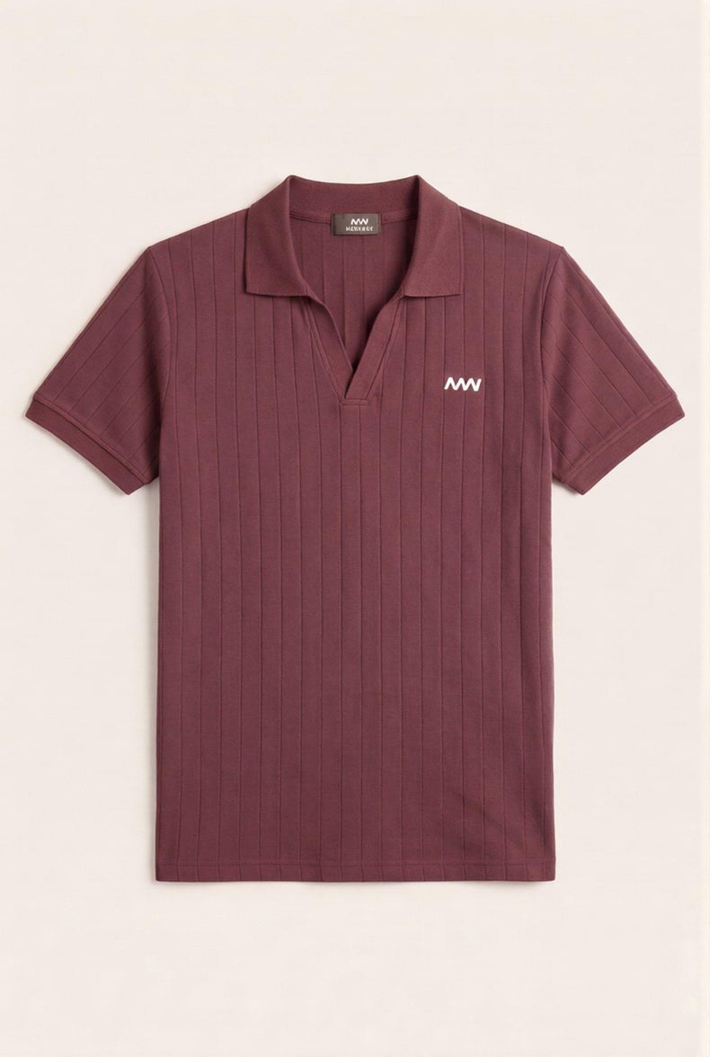 Men's burgundy ribbed polo shirt with white logo, premium fit for modern style