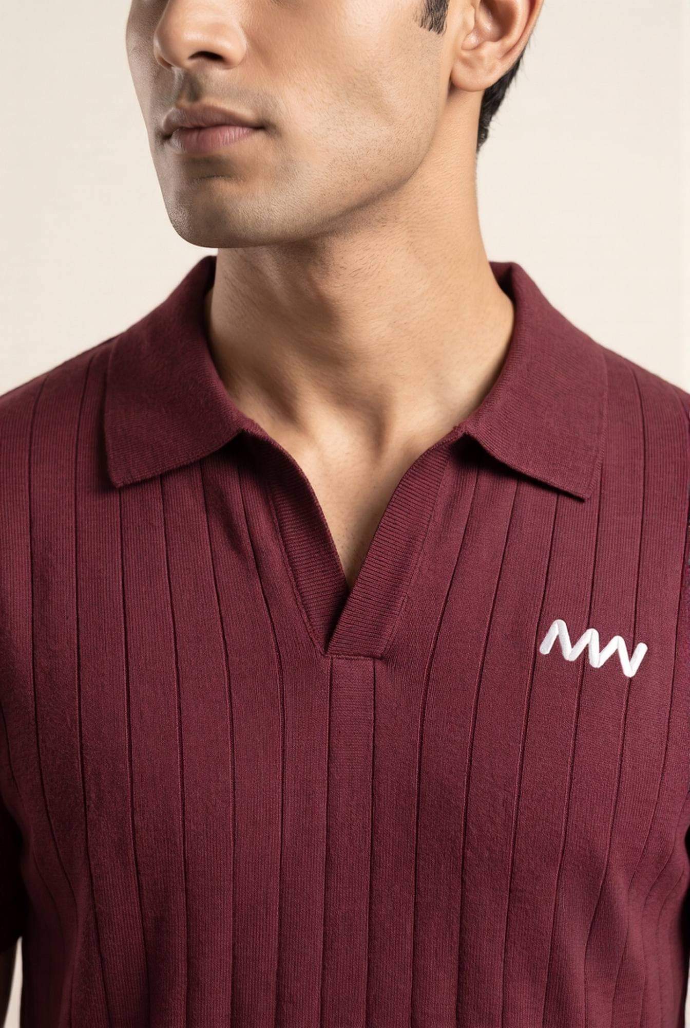 Maroon ribbed polo shirt with white logo, modern men's fashion