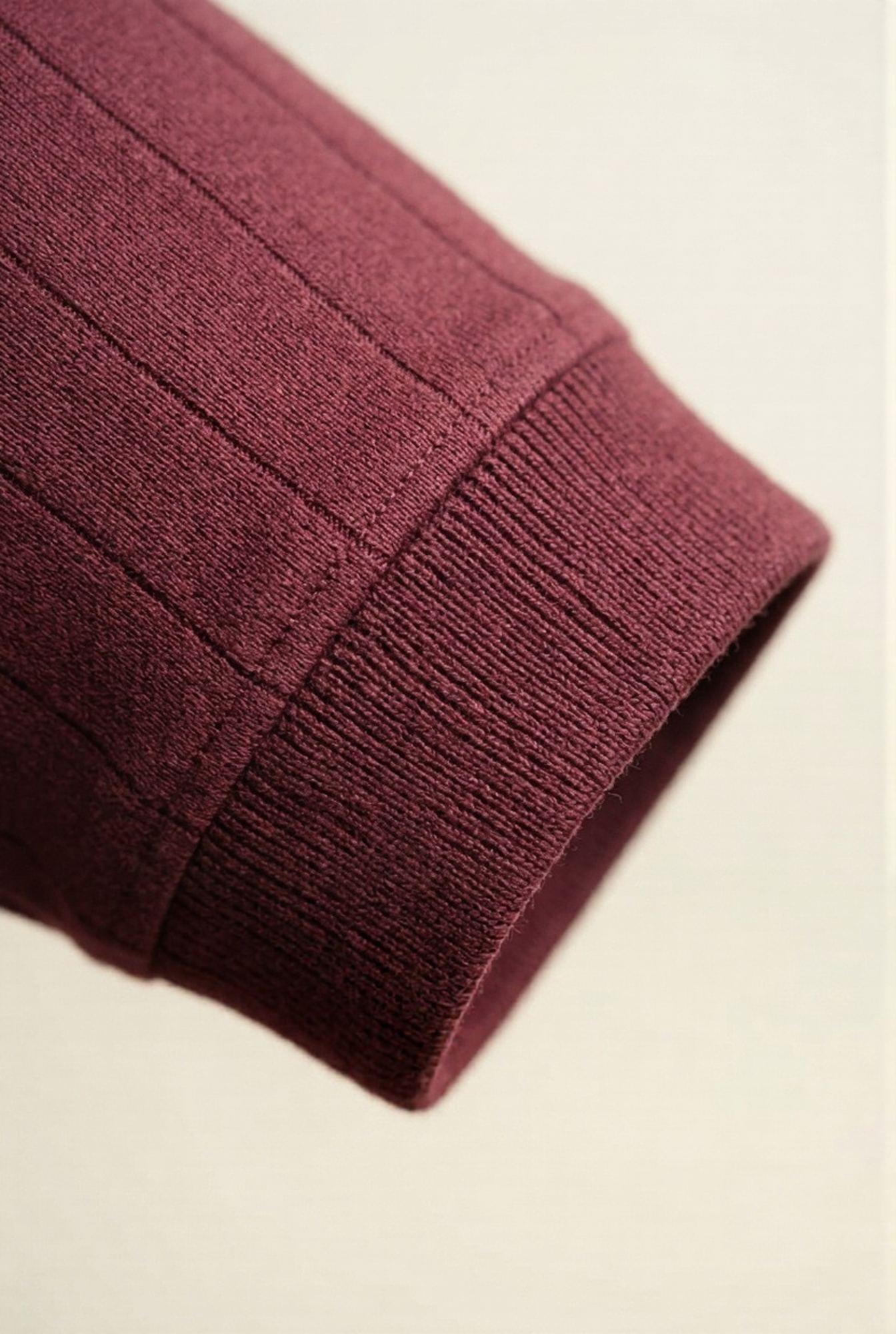 Burgundy ribbed knit sweater sleeve detail, premium men's fashion with soft texture and modern fit