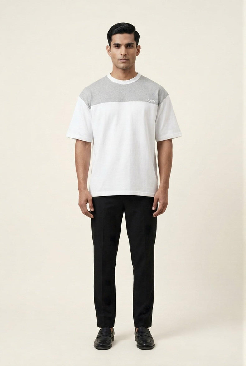 Man wearing MENWEY white and grey panel drop-shoulder T-shirt