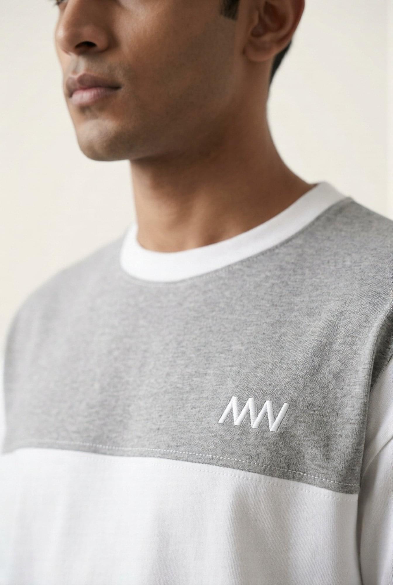 Grey and white men's crewneck sweatshirt with embroidered MW logo, modern casual style