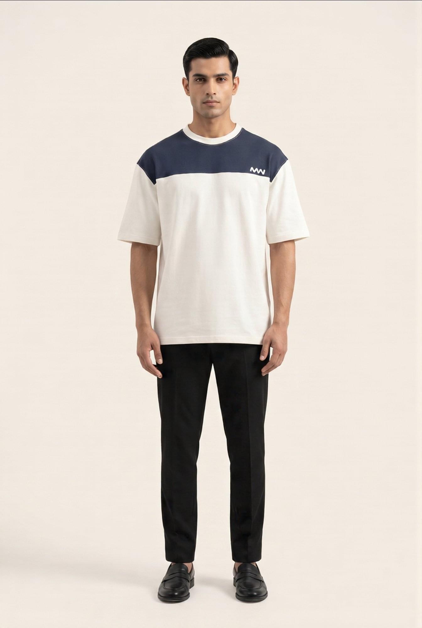 Man wearing MENWEY white and blue panel drop-shoulder T-shirt