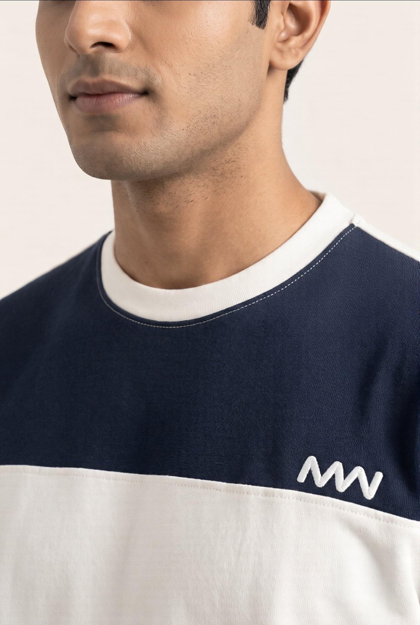 Navy and white men's crewneck t-shirt with embroidered logo, premium cotton fit for modern style