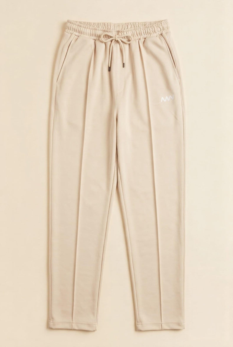 Man wearing MENWEY straight fit center-lined trousers in bone