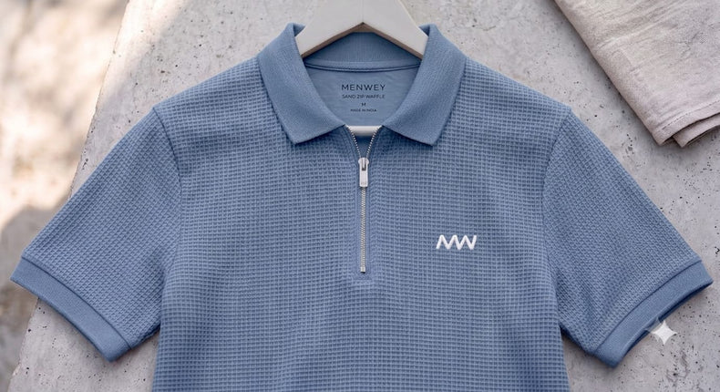 Greyish Blue Cotton Thermal Zip Polo