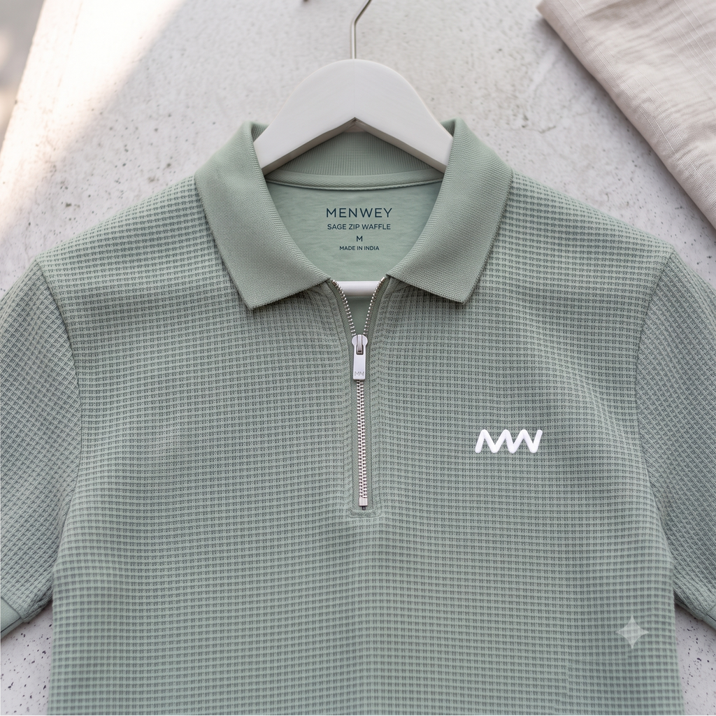 Sage Green Cotton Thermal Zip Polo