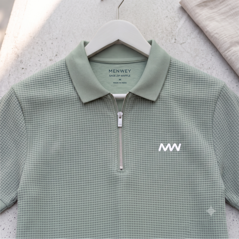 Sage Green Cotton Thermal Zip Polo