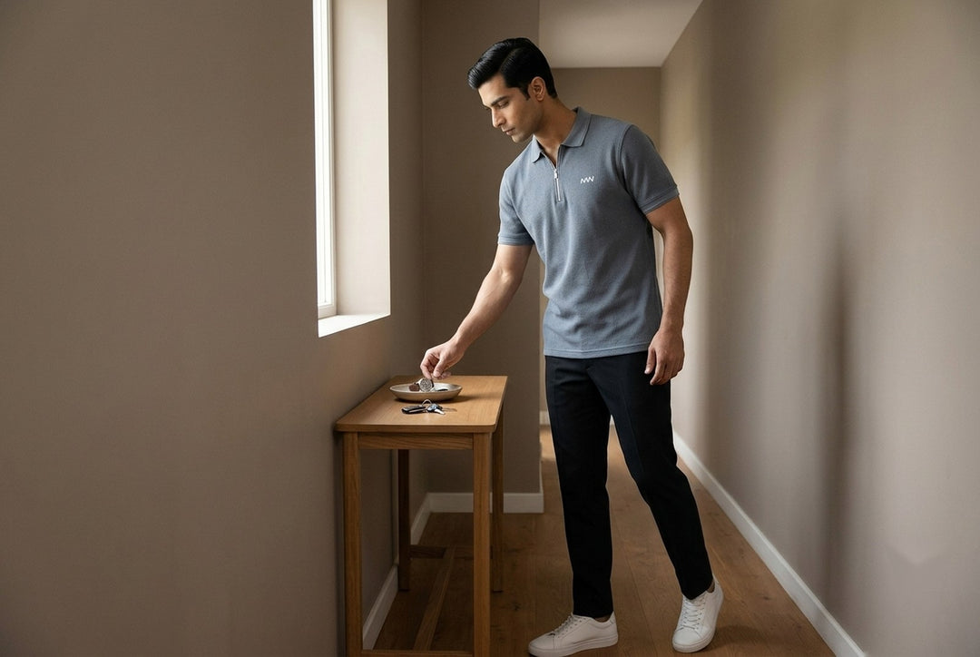 MENWEY Greyish Blue Cotton Thermal Zip Polo — model reaching for watch and keys, hallway console table