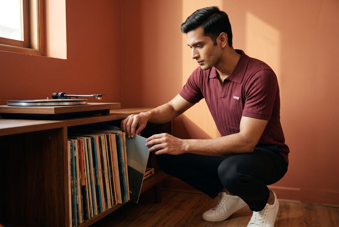 MENWEY Maroon Drop Needle Polo V-Neck — model browsing vinyl records, warm afternoon light