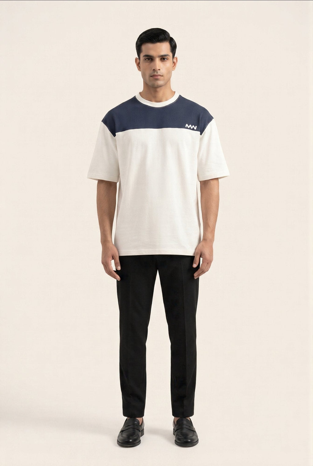 MENWEY White Blue Panel Drop Shoulder T-Shirt lifestyle photo