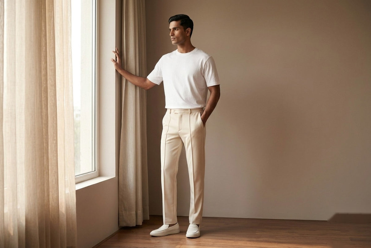 MENWEY Straight Fit Center-Lined Trouser — Bone — model standing by window, soft daylight
