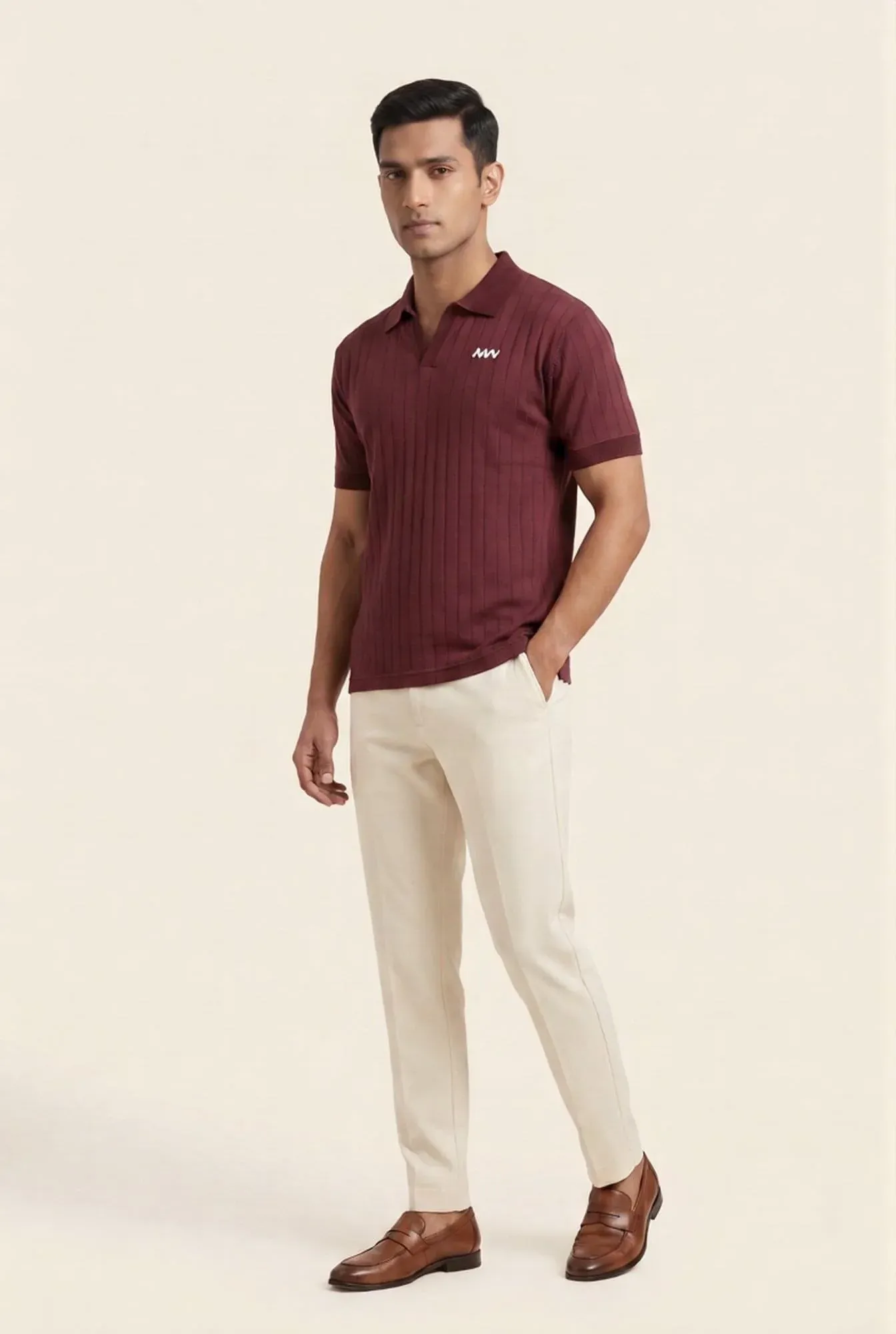 Maroon Drop Needle V-Neck Polo Shirt