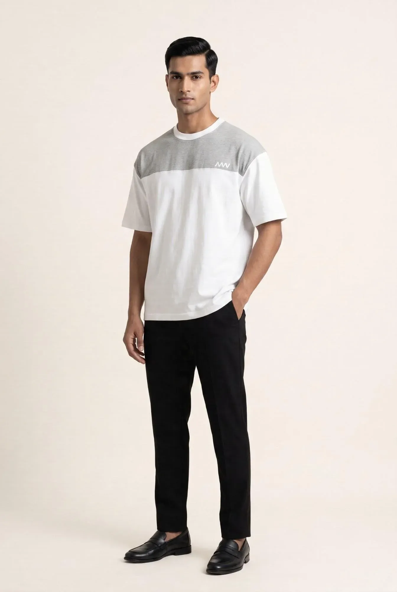 White & Grey Panel Drop Shoulder T-Shirt