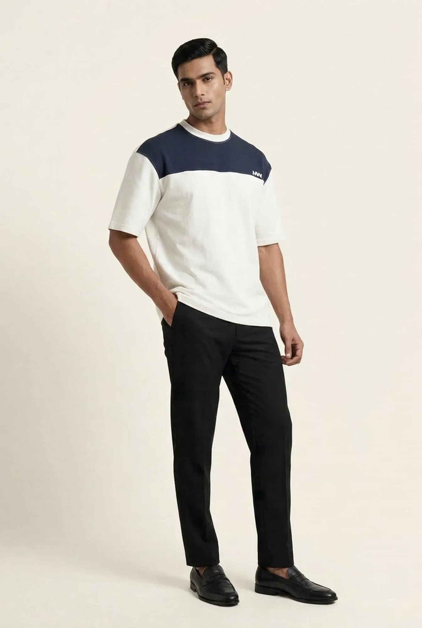 White & Blue Panel Drop Shoulder T-Shirt